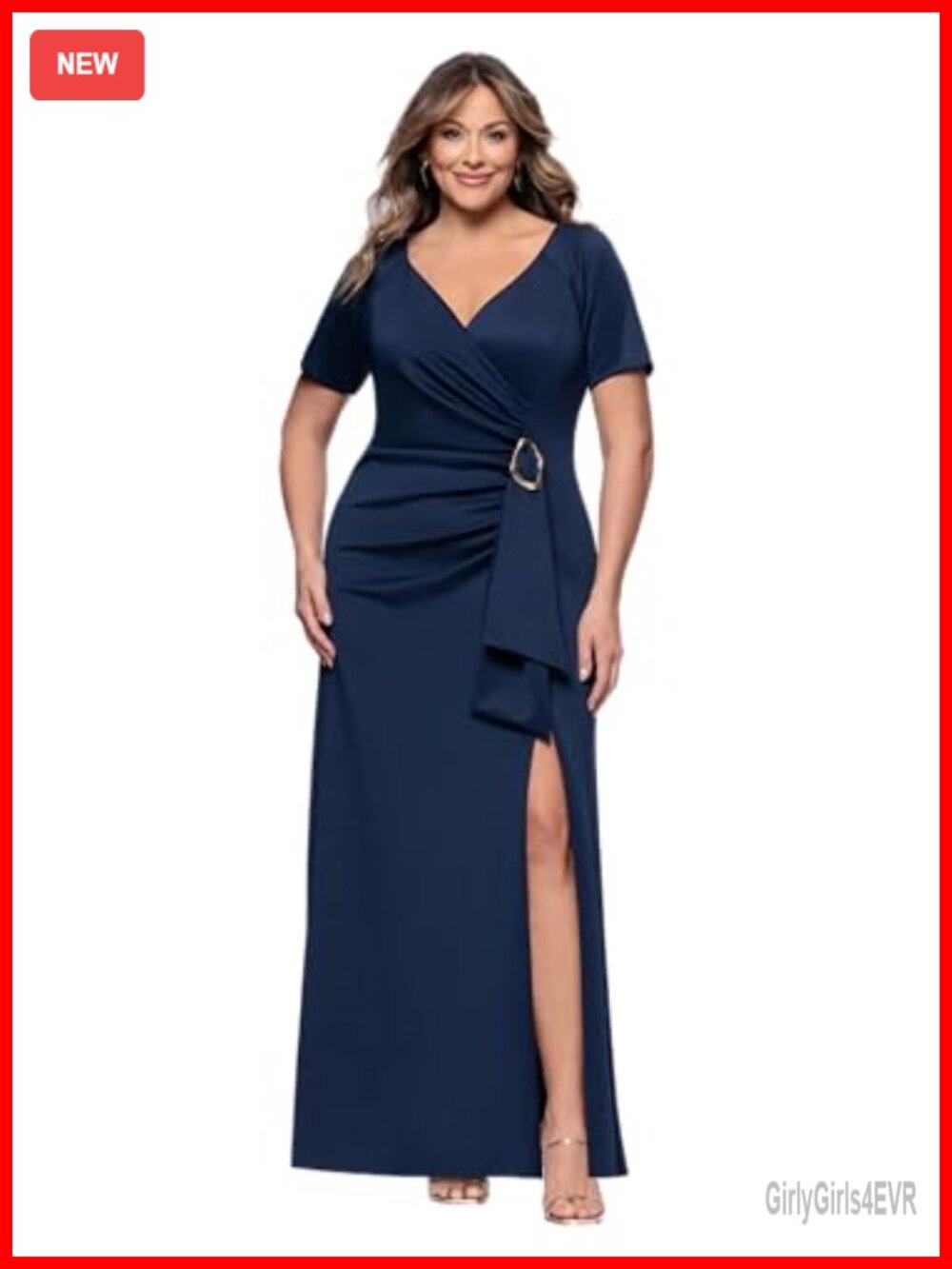 Scuba V-Neck Short Sleeve Embellished Ruched Slit Floor Length Dress